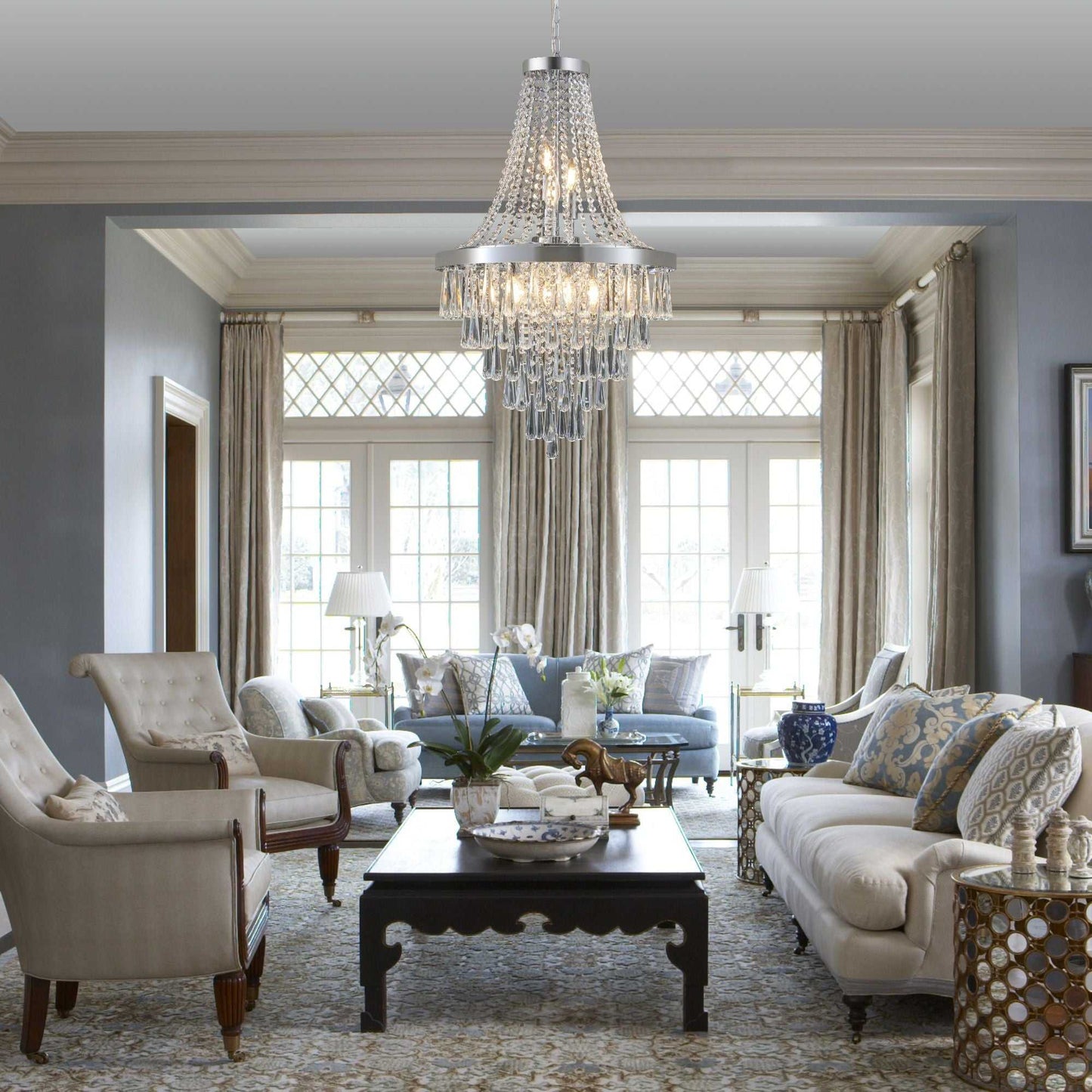 (Same as W1340P143191/L5004-500-C) 20" Chrome Crystal Chandelier with Adjustable Height, Modern Ceiling Light Fixture for Living Room, Dining Room, Staircase, 11-Light E12 Bulb Base (No Bulbs) - luxuryhomedecoridea.com