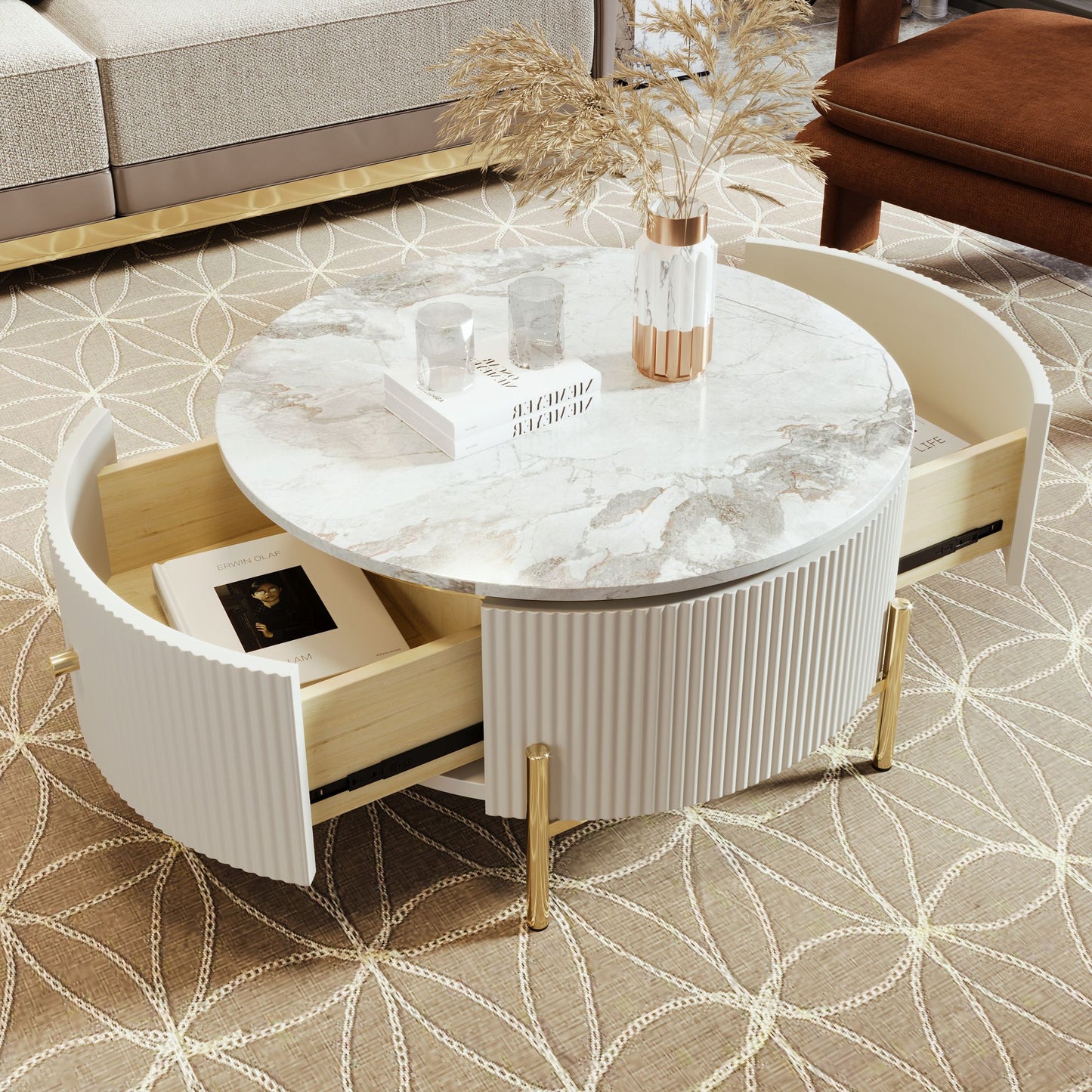 Modern Round Coffee Table with 2 large Drawers Storage Accent Table(31.5'') - luxuryhomedecoridea.com