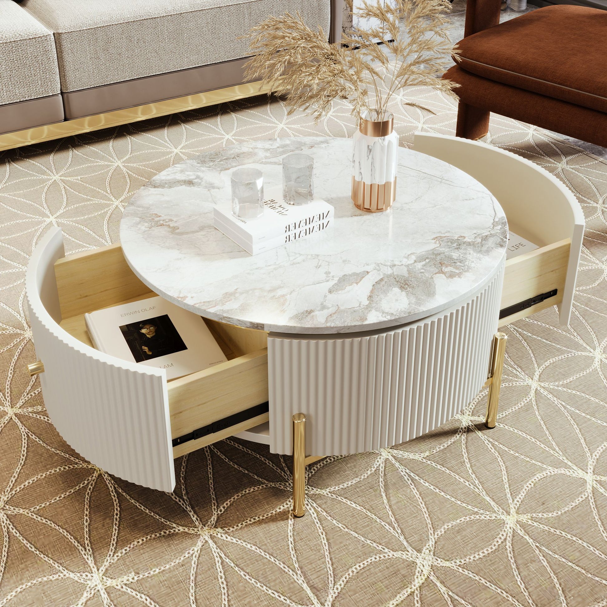 Modern Round Coffee Table with 2 large Drawers Storage Accent Table(31.5'') - luxuryhomedecoridea.com