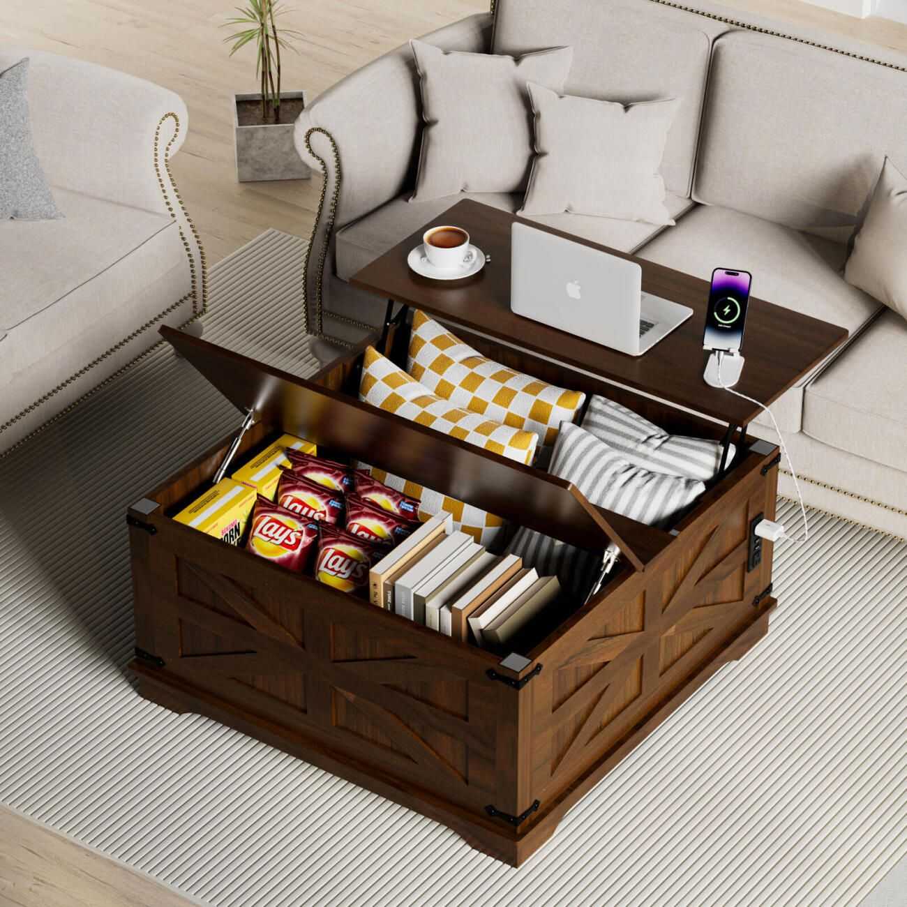 36" Farmhouse Coffee Table with Lift-Top, USB Charging Station & Hidden Storage - Sturdy Wooden Base, - luxuryhomedecoridea.com
