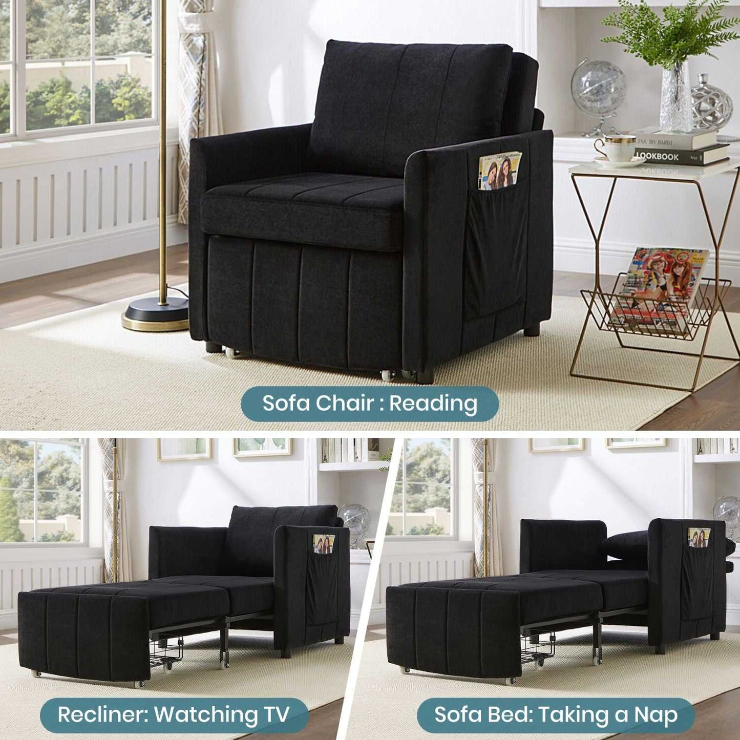Upholstered Convertible Sleeper Sofa, 31.5" Pull Out Sofa Bed with 5-Position Adjustable Backrest, Side Pockets and a Storage Basket, Fold Out Chair Bed, Lounger For Living Room, Apartment, Black - luxuryhomedecoridea.com