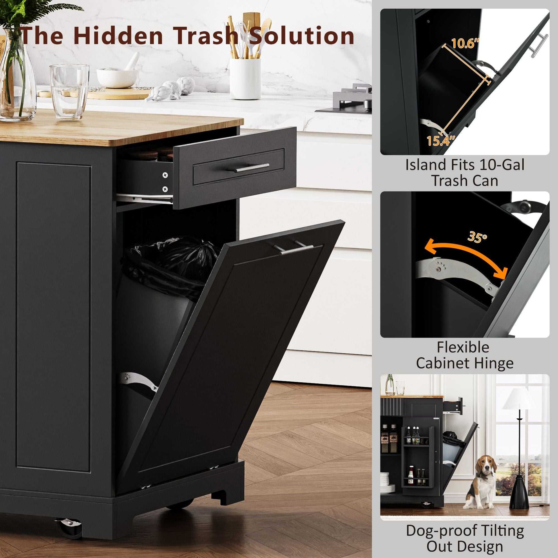Fluted Kitchen Island with Trash Can Storage Cabinet, Power Outlet, Internal Storage Rack, Rolling Kitchen Islands on 5 Wheels with 3 Drawer, 3 Open Side Racks for 10 Gallon Garbage Bin - luxuryhomedecoridea.com