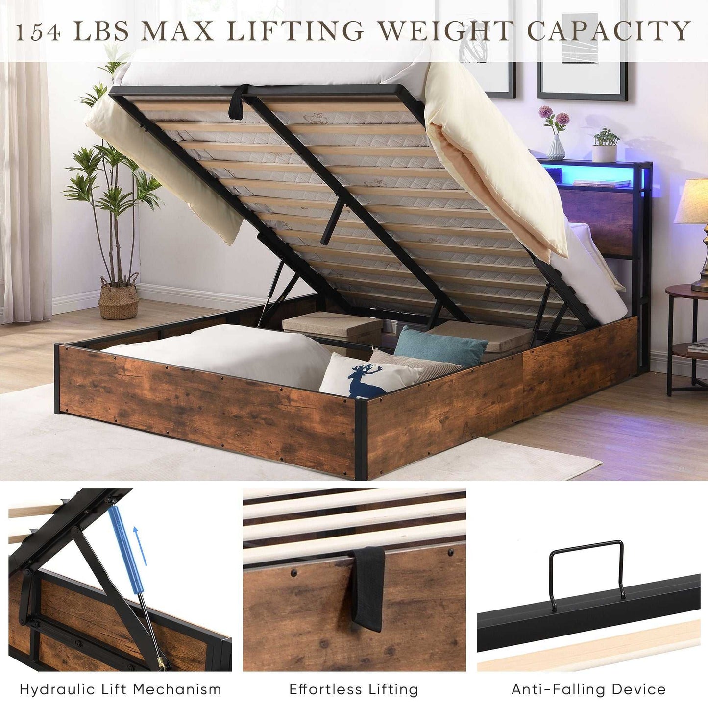 Lift-up Storage Bed Frame, Full Size Bed Frame with Bookcase Headboard & LED Lights, Wooden Platform Bed Frame with Charging Station, No Spring Box Needed, Rustic Brown - luxuryhomedecoridea.com