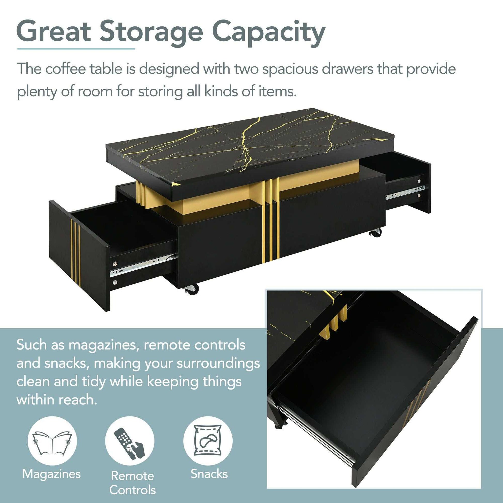 [VIDEO provided] ON-TREND Contemporary Coffee Table with Faux Marble Top, Rectangle Cocktail Table with Caster Wheels, Moderate Luxury Center Table with Gold Metal Bars for Living Room, Black - luxuryhomedecoridea.com