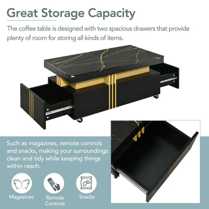 [VIDEO provided] ON-TREND Contemporary Coffee Table with Faux Marble Top, Rectangle Cocktail Table with Caster Wheels, Moderate Luxury Center Table with Gold Metal Bars for Living Room, Black - luxuryhomedecoridea.com