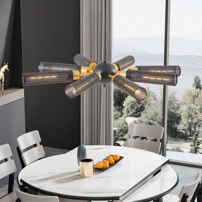 34" Modern Industrial Sputnik Chandelier, 8-Light Black and Gold Metal Pendant Light with Mesh Shades, E26 Base, Adjustable Height for Dining Room, Living Room, or Kitchen Island (Bulb Not Included) - luxuryhomedecoridea.com