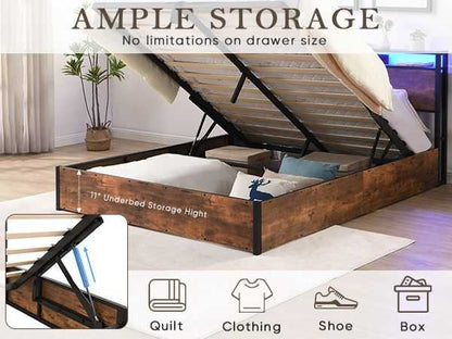 Lift-up Storage Bed Frame, Full Size Bed Frame with Bookcase Headboard & LED Lights, Wooden Platform Bed Frame with Charging Station, No Spring Box Needed, Rustic Brown - luxuryhomedecoridea.com