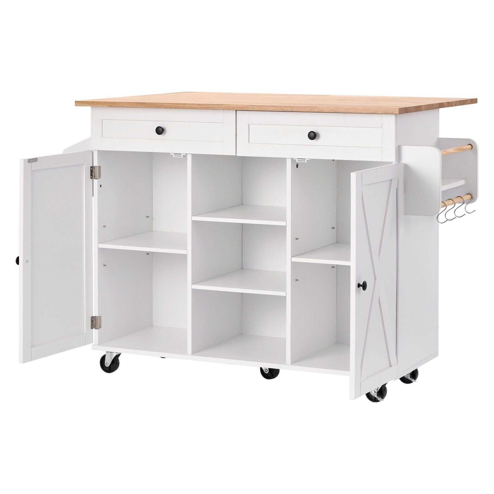 VEVOR Kitchen Island Cart, with Solid Wood Top and Storage Cabinet, Mobile Rolling Table with Drop Leaf, Drawers, Spice Towel Rack, Portable Islands on Swivel Wheels for Dining Room, 52in Width, White - luxuryhomedecoridea.com