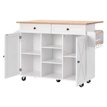 VEVOR Kitchen Island Cart, with Solid Wood Top and Storage Cabinet, Mobile Rolling Table with Drop Leaf, Drawers, Spice Towel Rack, Portable Islands on Swivel Wheels for Dining Room, 52in Width, White - luxuryhomedecoridea.com