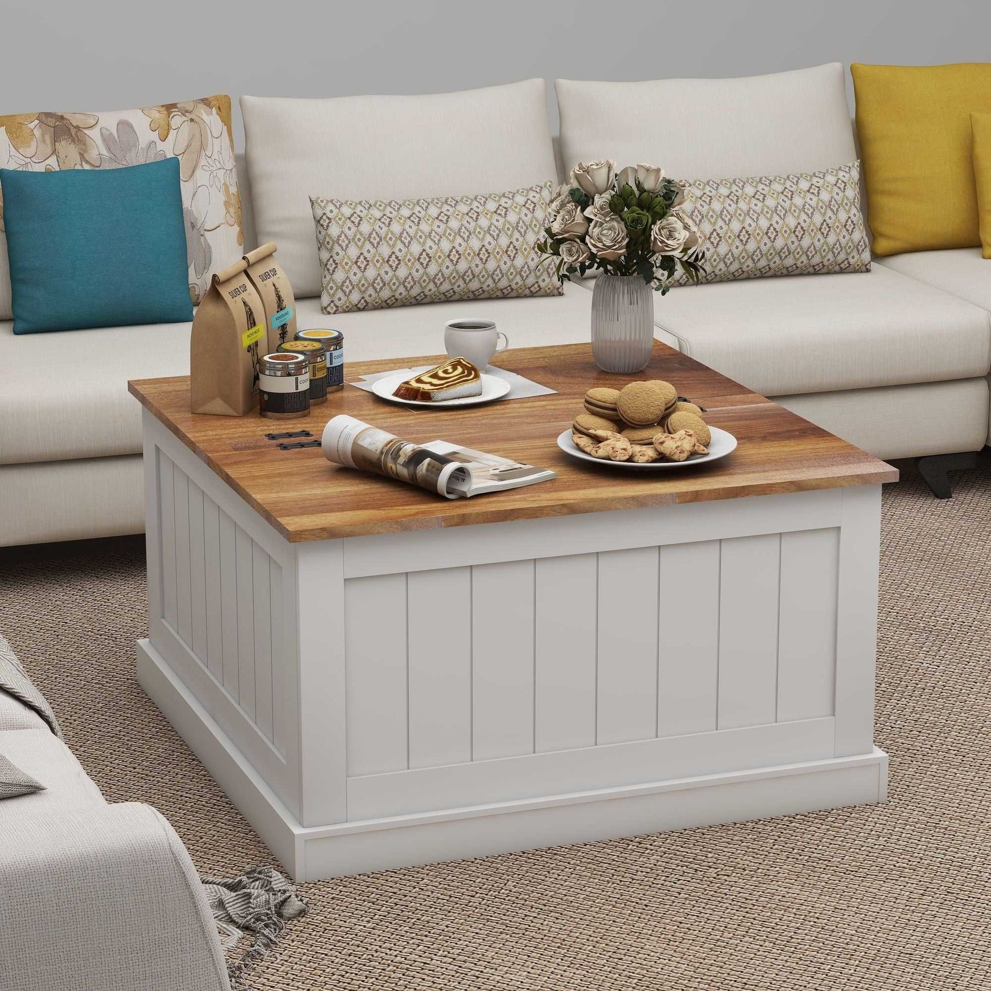 31.5" Farmhouse Coffee Table, Square Wood Center Table with Hinged Lift Top, Rustic Cocktail Table with Large Hidden Storage Compartmen for Living Room-White - luxuryhomedecoridea.com
