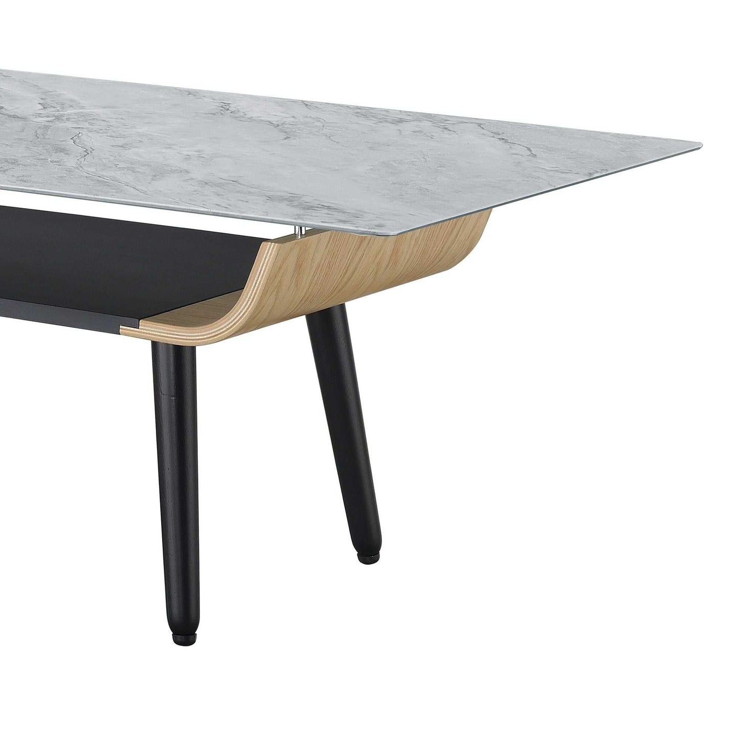 Landon 47" Coffee Table with Glass Gray Marble Texture Top and Bent Wood Design - luxuryhomedecoridea.com