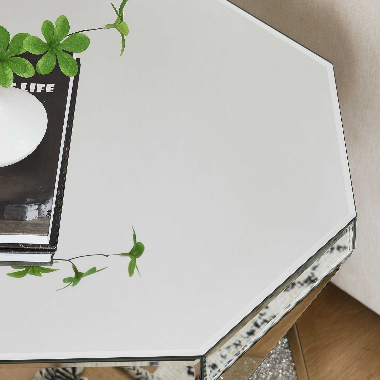 Drum style coffee table with mirror crystal inlay, polygonal silver decorative table, modern design luxury modern furniture, 20 inch (about 50 centimeters) low coffee table, suitable for living room - luxuryhomedecoridea.com