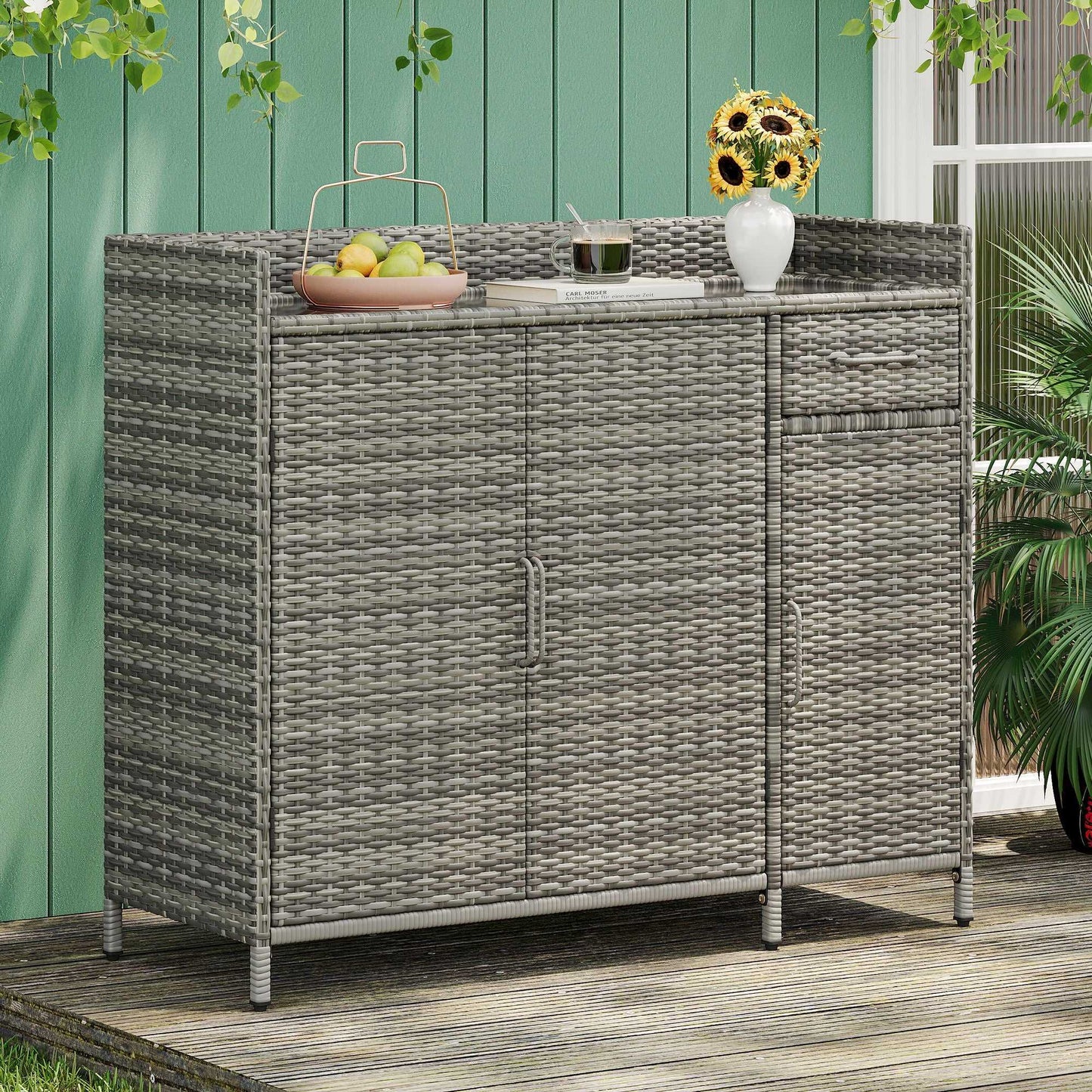 47.5"W Wicker Outdoor Storage Cabinet with Tempered Glass Desktop, Weather-proof Rattan Bar Table with Three Doors, Adjustable Shelf, and One Drawer, for Outdoor Cushions, Pool Toys - luxuryhomedecoridea.com