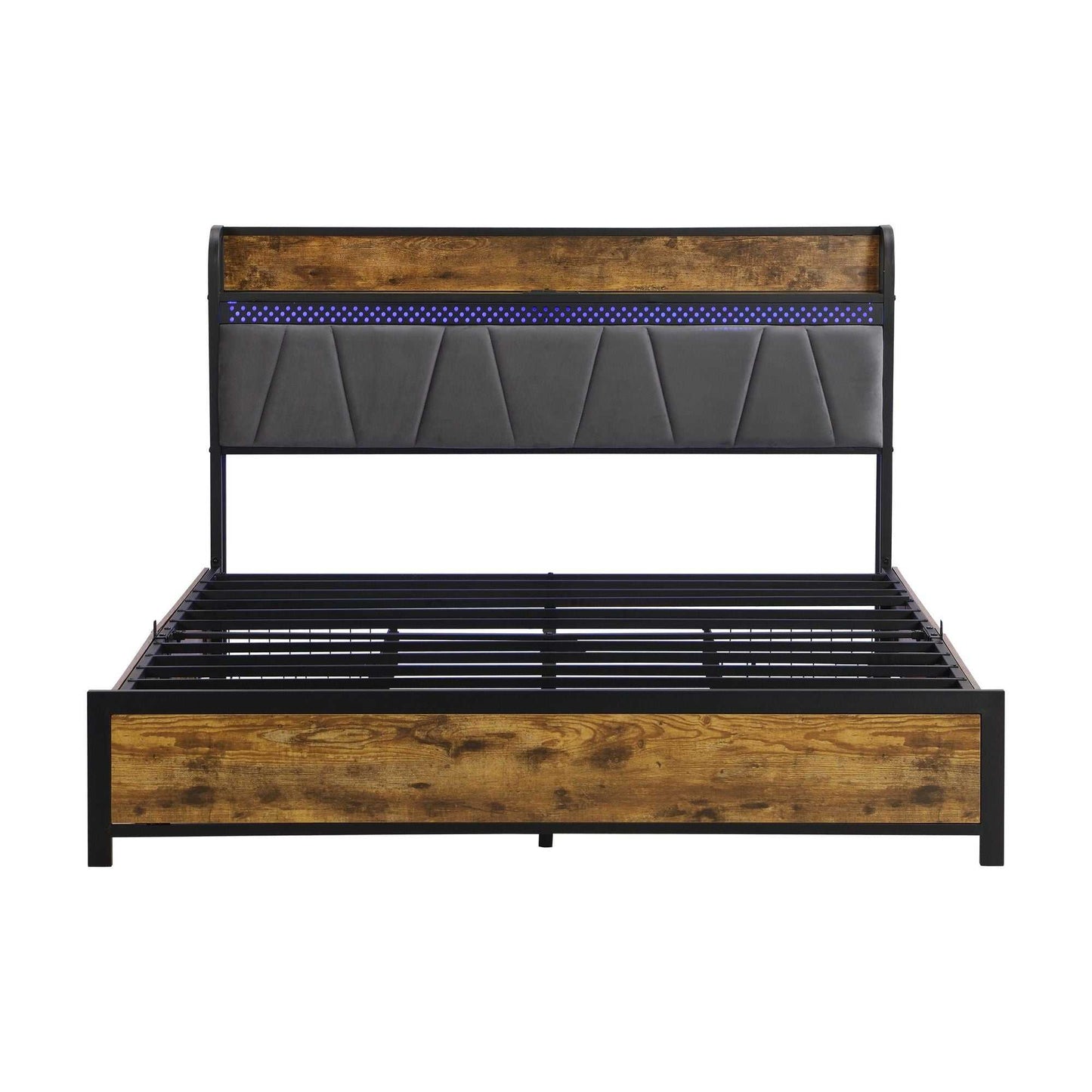 Queen Size Bed Frame, Storage Headboard with Charging Station and 4 Storage Drawers,LED Lights , Brown and Gray - luxuryhomedecoridea.com