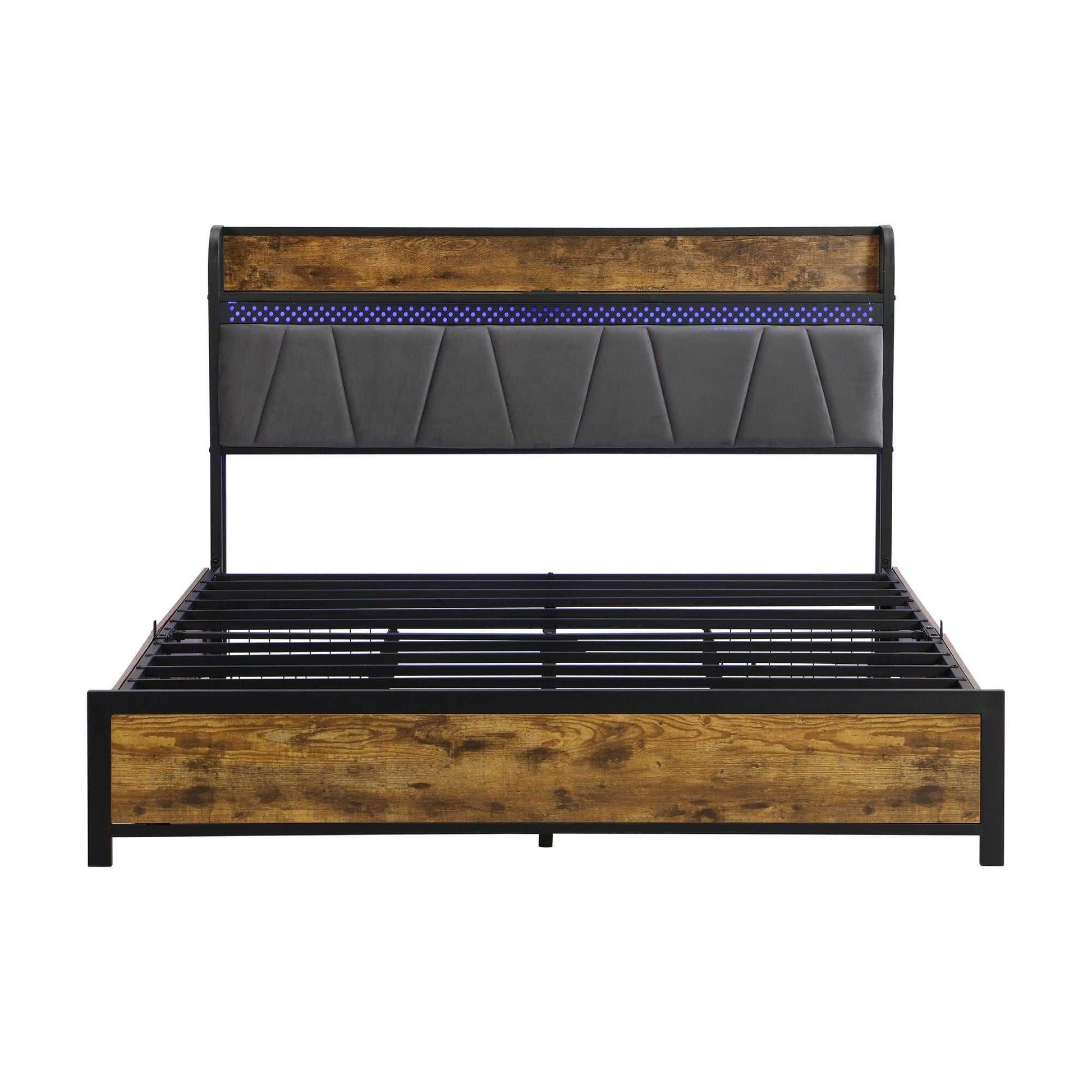 Queen Size Bed Frame, Storage Headboard with Charging Station and 4 Storage Drawers,LED Lights , Brown and Gray - luxuryhomedecoridea.com