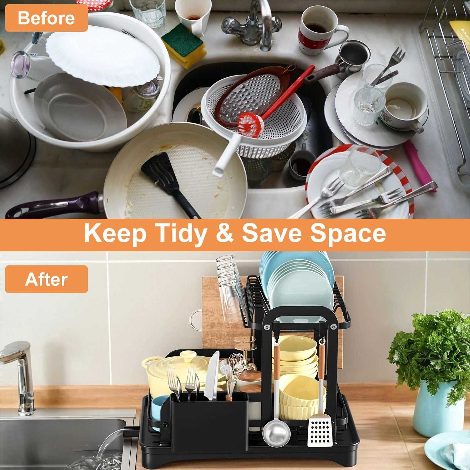2-Tier Dish Drying Rack for Kitchen Counter Space Saving Rustproof Dish Rack with Drainboard Detachable Kitchen Drainer Organizer Set - luxuryhomedecoridea.com