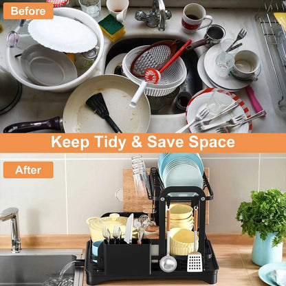 2-Tier Dish Drying Rack for Kitchen Counter Space Saving Rustproof Dish Rack with Drainboard Detachable Kitchen Drainer Organizer Set - luxuryhomedecoridea.com