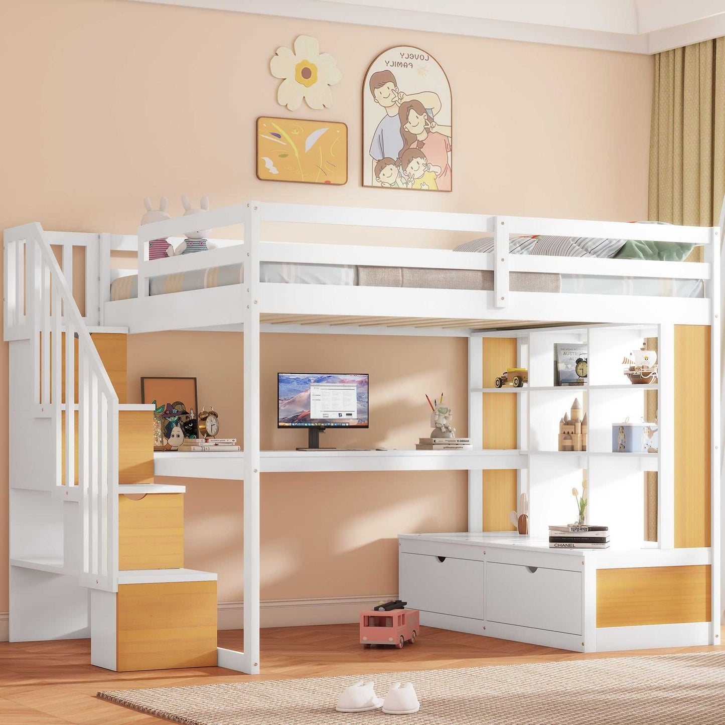 Full Size Loft Bed with Desk and Shelves, Two Built-in Drawers, Storage Staircase, White and Natural - luxuryhomedecoridea.com