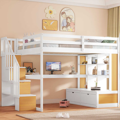 Full Size Loft Bed with Desk and Shelves, Two Built-in Drawers, Storage Staircase, White and Natural - luxuryhomedecoridea.com