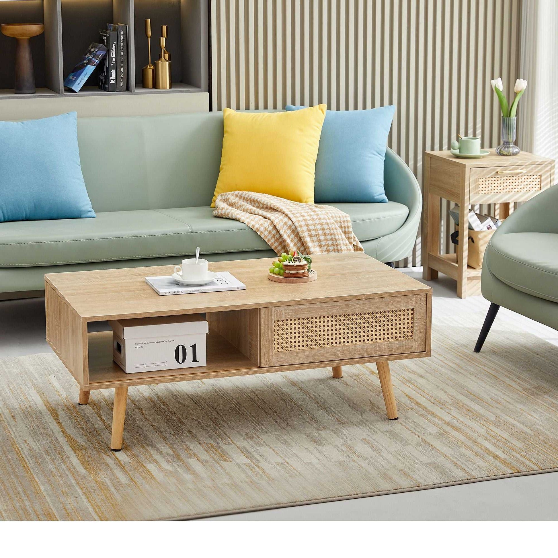41.34" Rattan Coffee table, sliding door for storage, solid wood legs, Modern table for living room - luxuryhomedecoridea.com