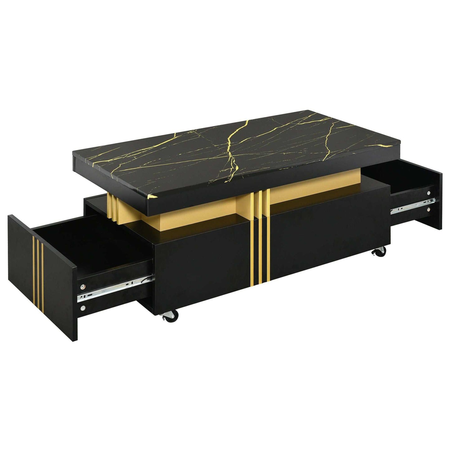 [VIDEO provided] ON-TREND Contemporary Coffee Table with Faux Marble Top, Rectangle Cocktail Table with Caster Wheels, Moderate Luxury Center Table with Gold Metal Bars for Living Room, Black - luxuryhomedecoridea.com