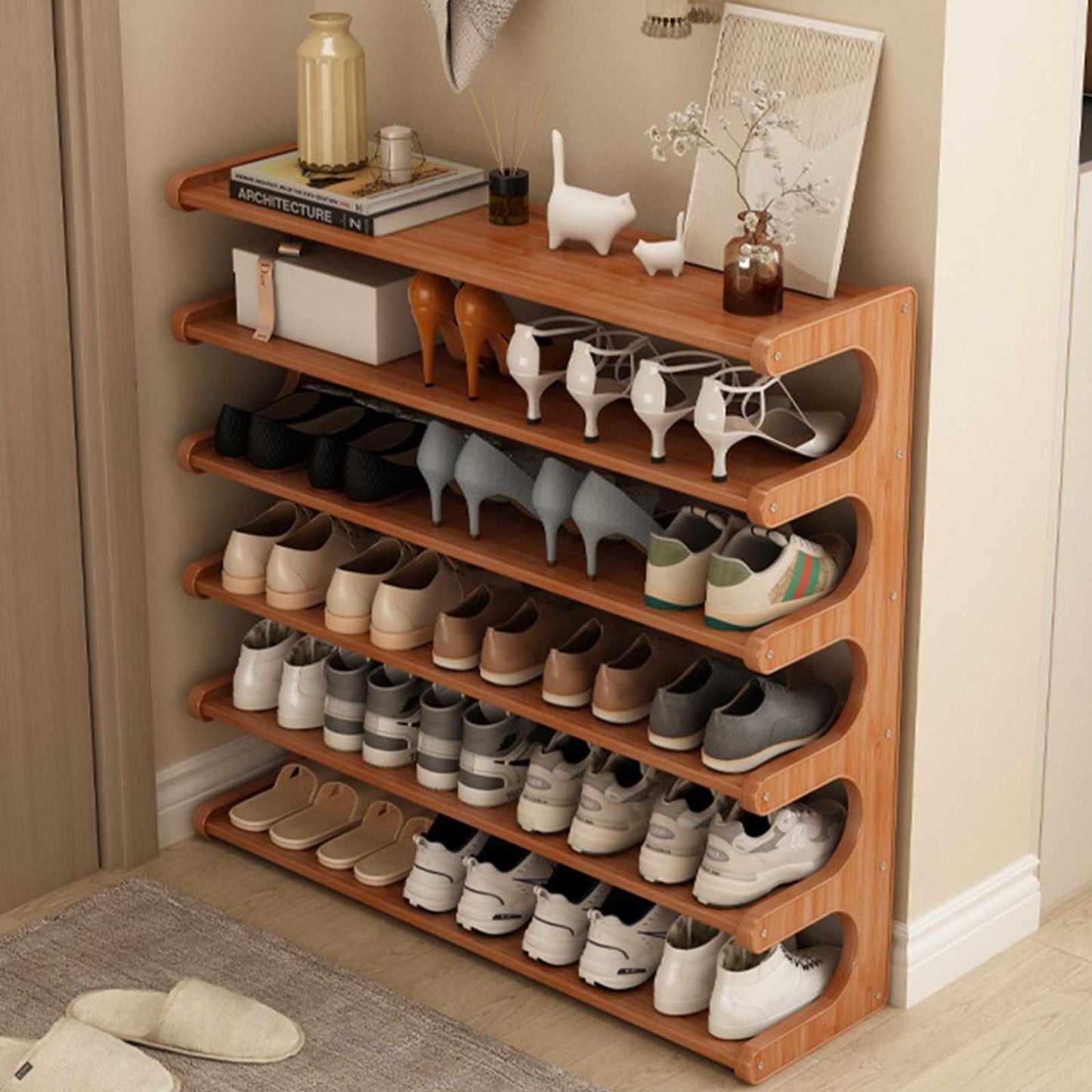 5/6-Layer Shoe Storage Rack - Space-Saving Multi-Layer Organizer with Wood Grain Finish - luxuryhomedecoridea.com