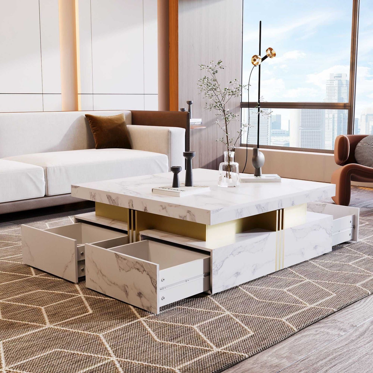 Modern Square Storage Coffee Table With 4 Drawers - luxuryhomedecoridea.com