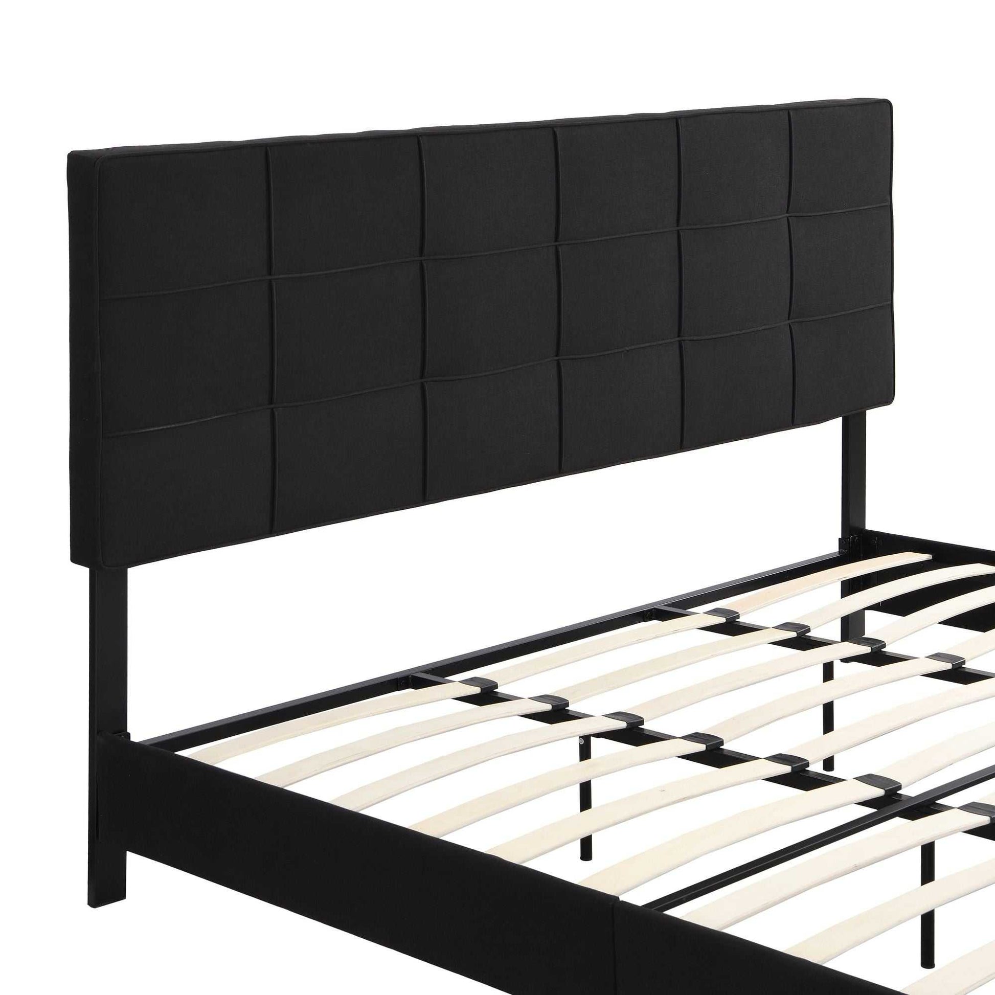 King Size Upholstered Platform Bed Frame with Linen Fabric Headboard, No Box Spring Needed, Wood Slat Support, Easy Assembly, BLACK - luxuryhomedecoridea.com