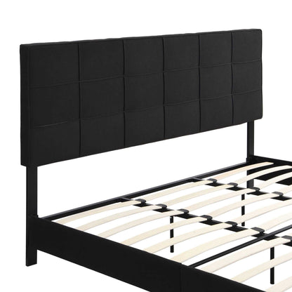 King Size Upholstered Platform Bed Frame with Linen Fabric Headboard, No Box Spring Needed, Wood Slat Support, Easy Assembly, BLACK - luxuryhomedecoridea.com