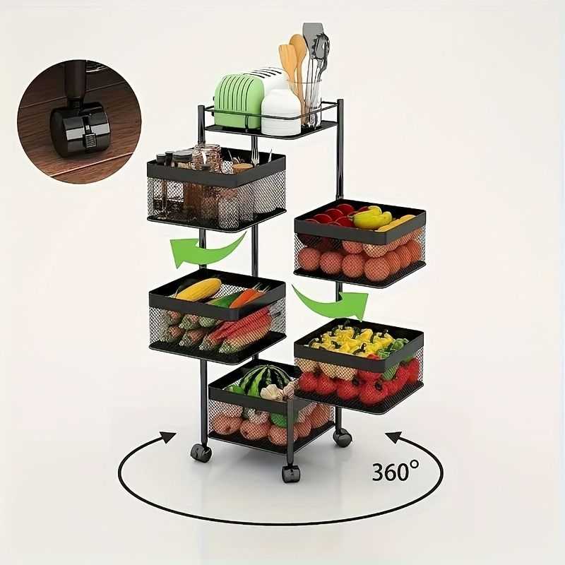 Rotating Kitchen Storage Shelf 5 Tier, Metal Fruit Vegetable Storage Basket Multi-Layer Vegetable Rack Storage Trolley on Wheels, Floor-Standing Basket for Kitchen Bathroom, Square - luxuryhomedecoridea.com
