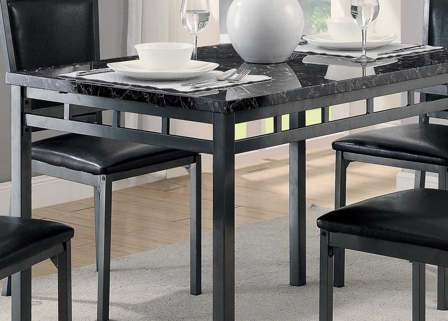 Black Finish 5pc Dinette Set Faux Marble Top Table and 4x Side Chairs Faux Leather Upholstered Metal Frame Casual Dining Room Furniture - luxuryhomedecoridea.com