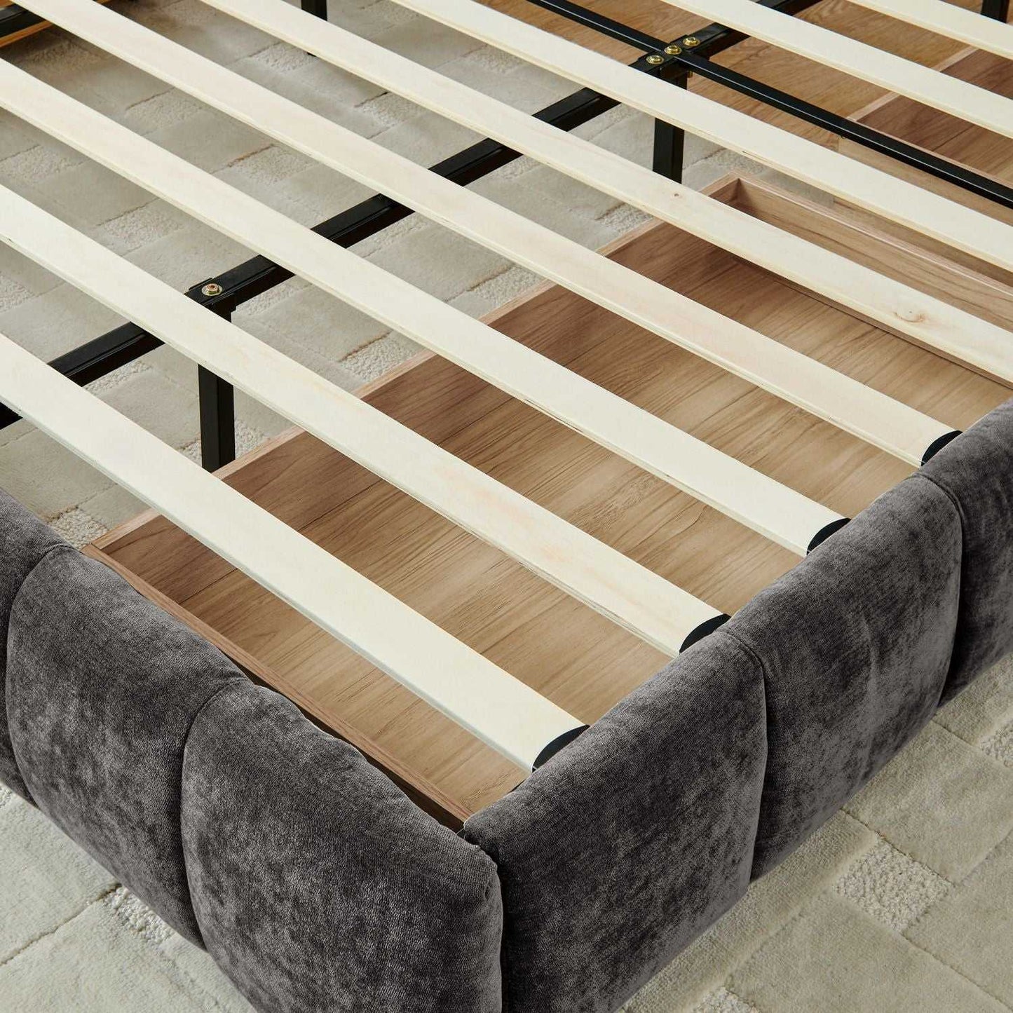 King Size Upholstered Bed ,comfortable upholstered bed frame, Chenille fabric, with headboard and solid bed frame. With drawer for storage.-Dark Gray(88.5''*85.5''*31'') - luxuryhomedecoridea.com