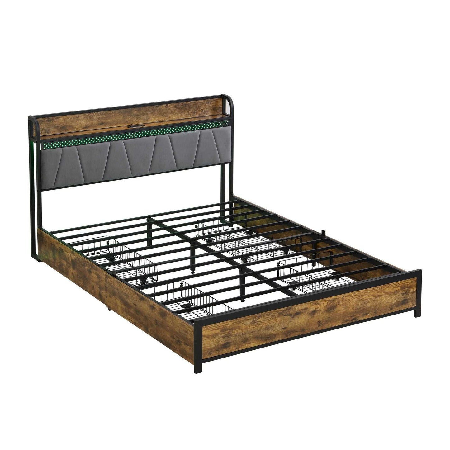 Queen Size Bed Frame, Storage Headboard with Charging Station and 4 Storage Drawers,LED Lights , Brown and Gray - luxuryhomedecoridea.com
