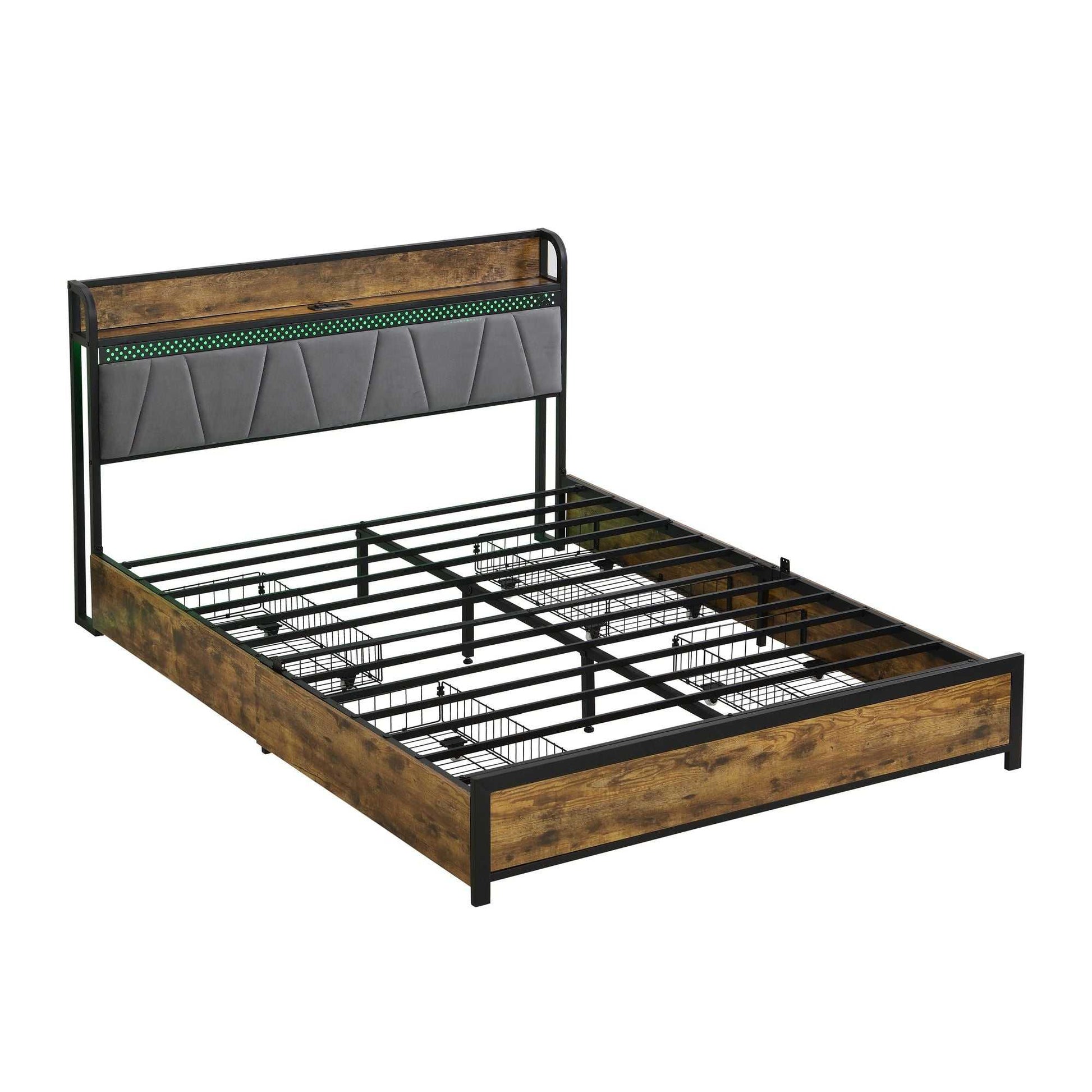 Queen Size Bed Frame, Storage Headboard with Charging Station and 4 Storage Drawers,LED Lights , Brown and Gray - luxuryhomedecoridea.com