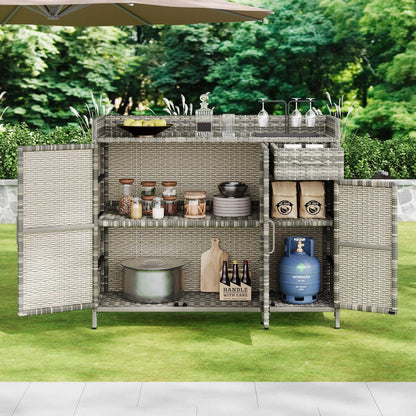 47.5"W Wicker Outdoor Storage Cabinet with Tempered Glass Desktop, Weather-proof Rattan Bar Table with Three Doors, Adjustable Shelf, and One Drawer, for Outdoor Cushions, Pool Toys - luxuryhomedecoridea.com