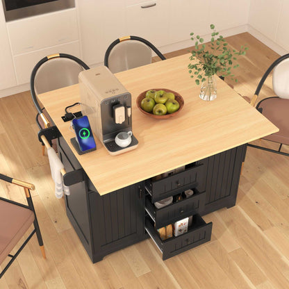 55.7" Large Kitchen Island with 2 Drop Leaf,Rolling Kitchen Cart on 5 Wheels with Power Outlet, Folding Storage Dining Table with Spice & Towel Rack , 3 Drawers, for Kitchen, Dining Room - luxuryhomedecoridea.com