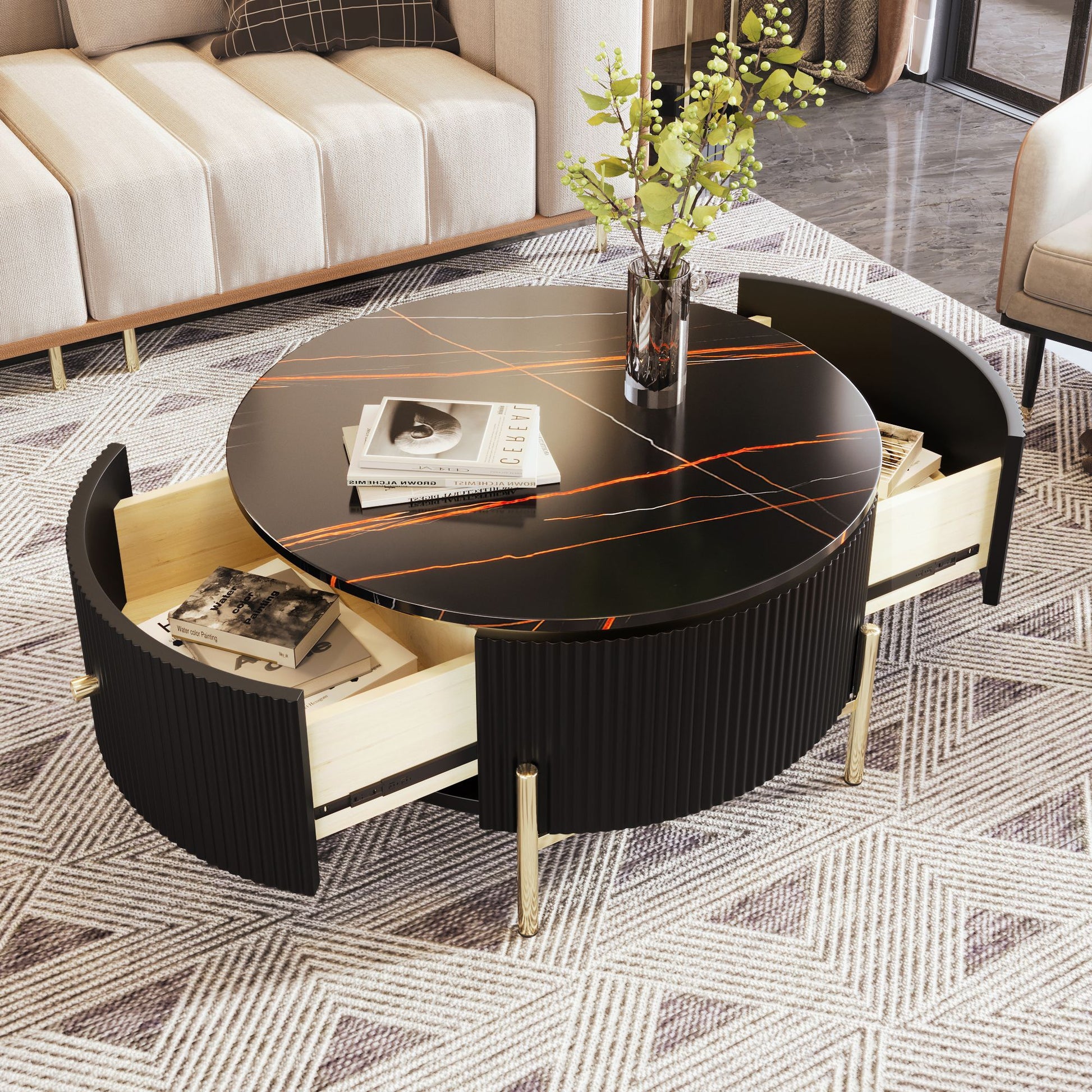 Modern Round Coffee Table with 2 large Drawers Storage Accent Table(31.5'') - luxuryhomedecoridea.com