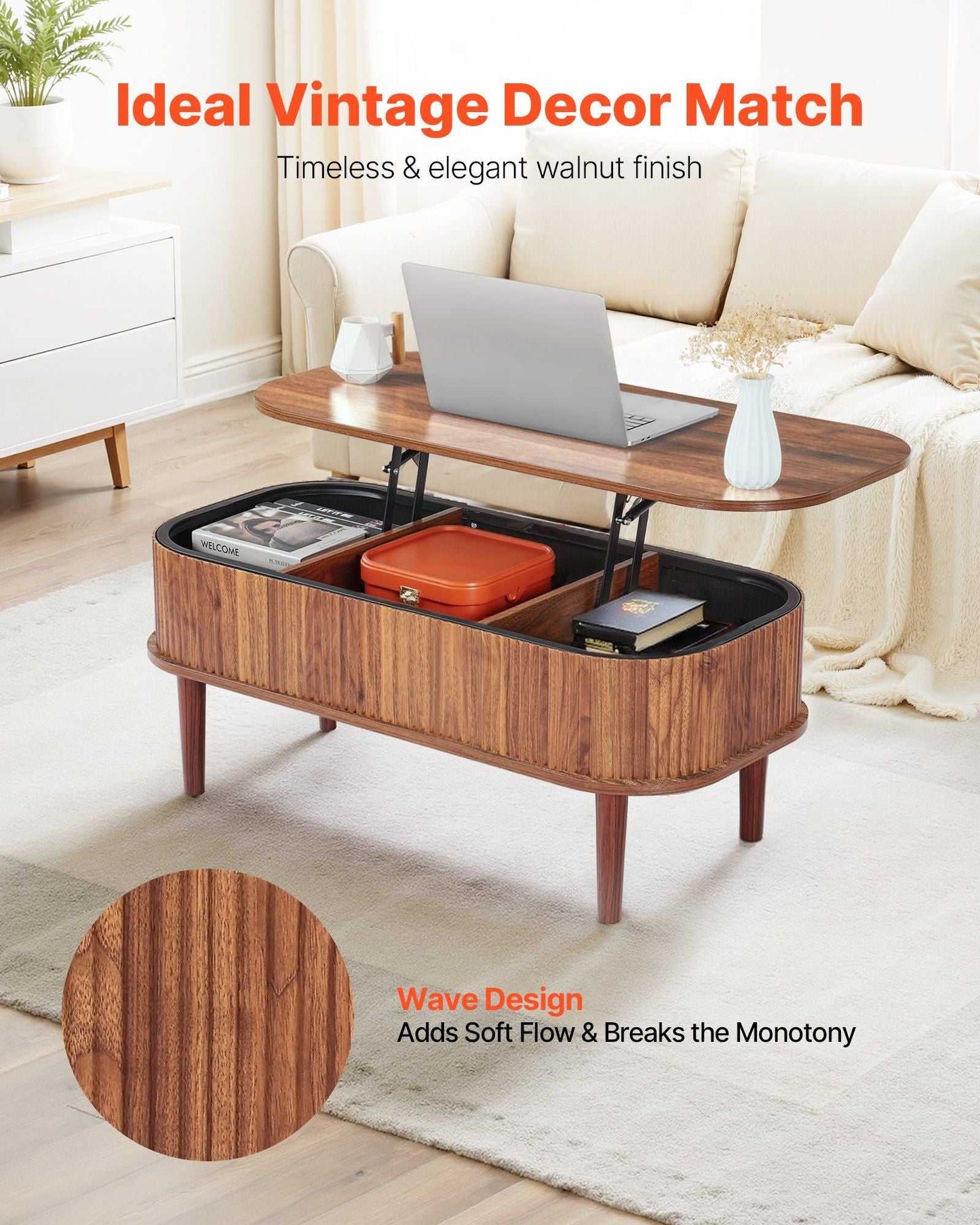 39.4 in Lift Top Coffee Table, Fluted Oval Coffee Table with 3 Hidden Compartment, Mid Century Wooden Oval Center Desk with Storage, Lift Up Tabletop for Home & Office, Easy Assembly, Walnut - luxuryhomedecoridea.com