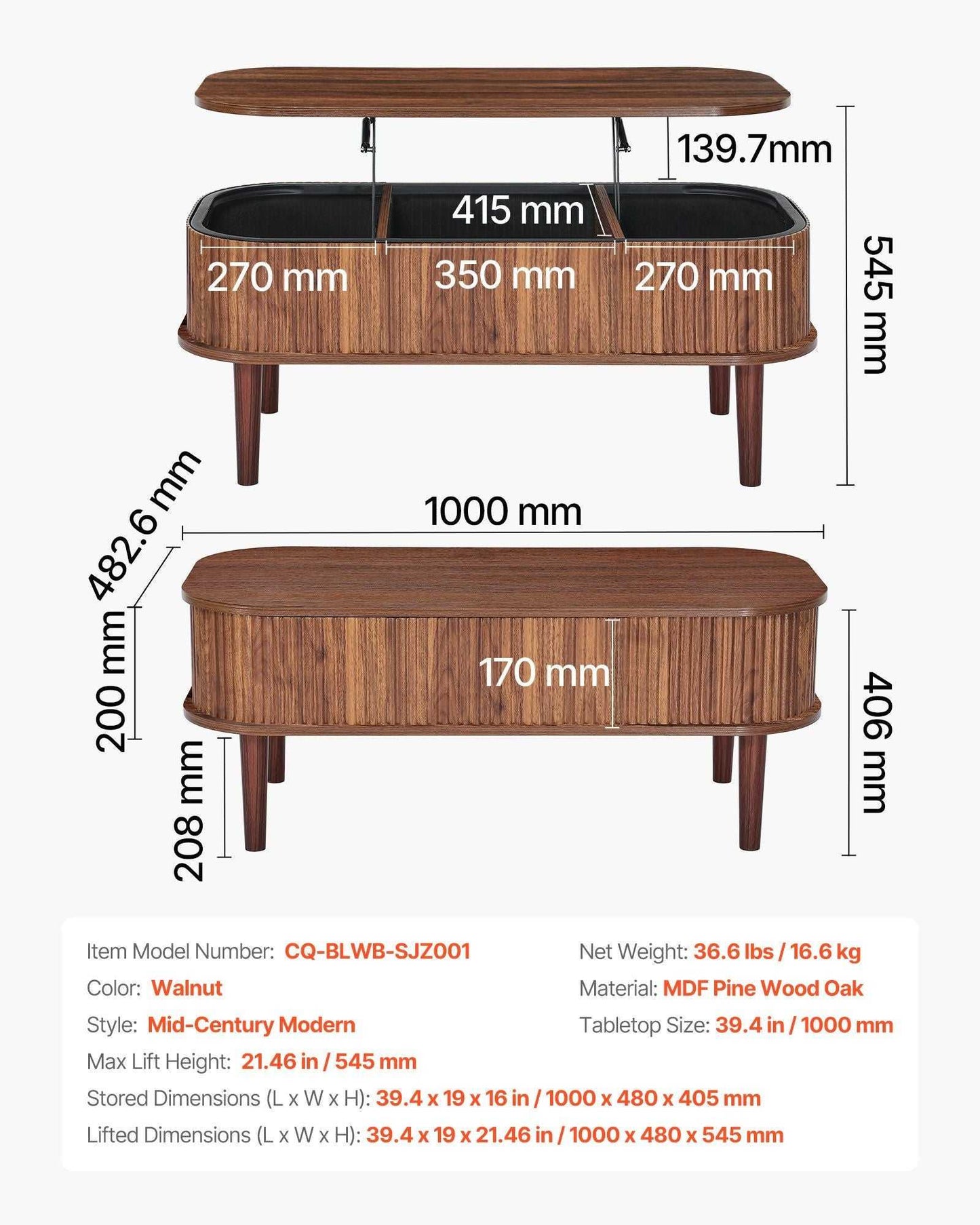 39.4 in Lift Top Coffee Table, Fluted Oval Coffee Table with 3 Hidden Compartment, Mid Century Wooden Oval Center Desk with Storage, Lift Up Tabletop for Home & Office, Easy Assembly, Walnut - luxuryhomedecoridea.com