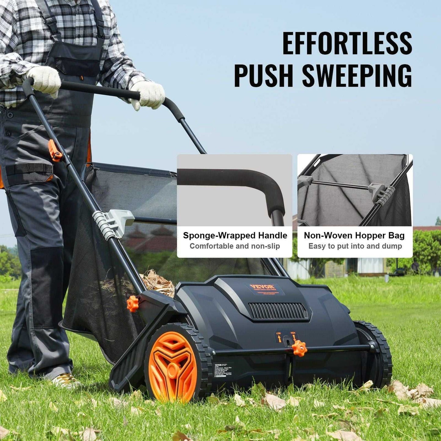 VEVOR Push Lawn Sweeper, 21inch Leaf & Grass Collector, Strong Plastic Wheels & Heavy Duty Thickened Steel Durable to Use with Large Capacity 3.5 cu. ft. Mesh Collection Hopper Bag, 2 Spinning Brushes - luxuryhomedecoridea.com