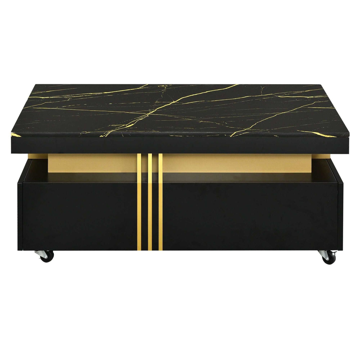 [VIDEO provided] ON-TREND Contemporary Coffee Table with Faux Marble Top, Rectangle Cocktail Table with Caster Wheels, Moderate Luxury Center Table with Gold Metal Bars for Living Room, Black - luxuryhomedecoridea.com