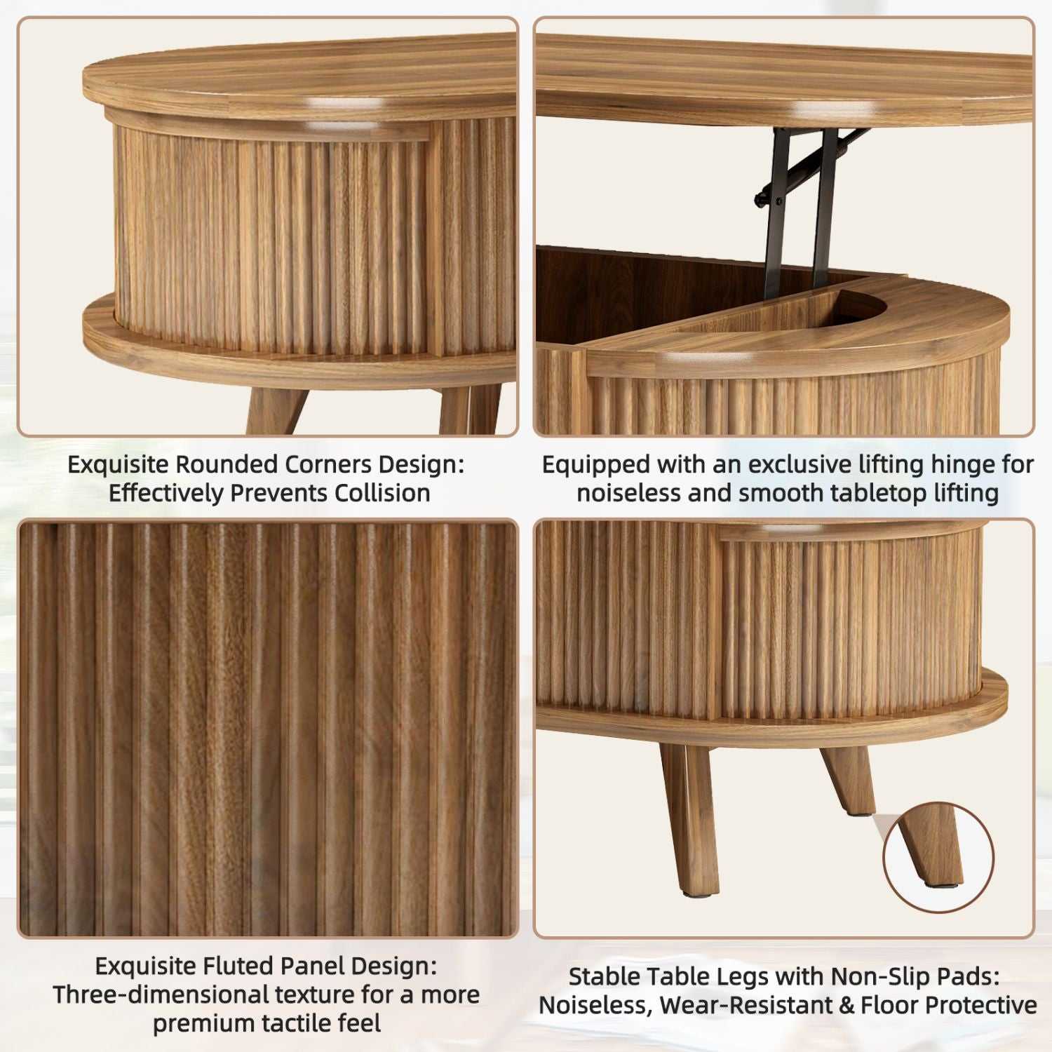 Fluted Lift Top Coffee Table with Hidden Compartment, Wooden Center Table, Modern Oval Lift Tabletop for Home Living Room Office, Walnut Brown Color - luxuryhomedecoridea.com