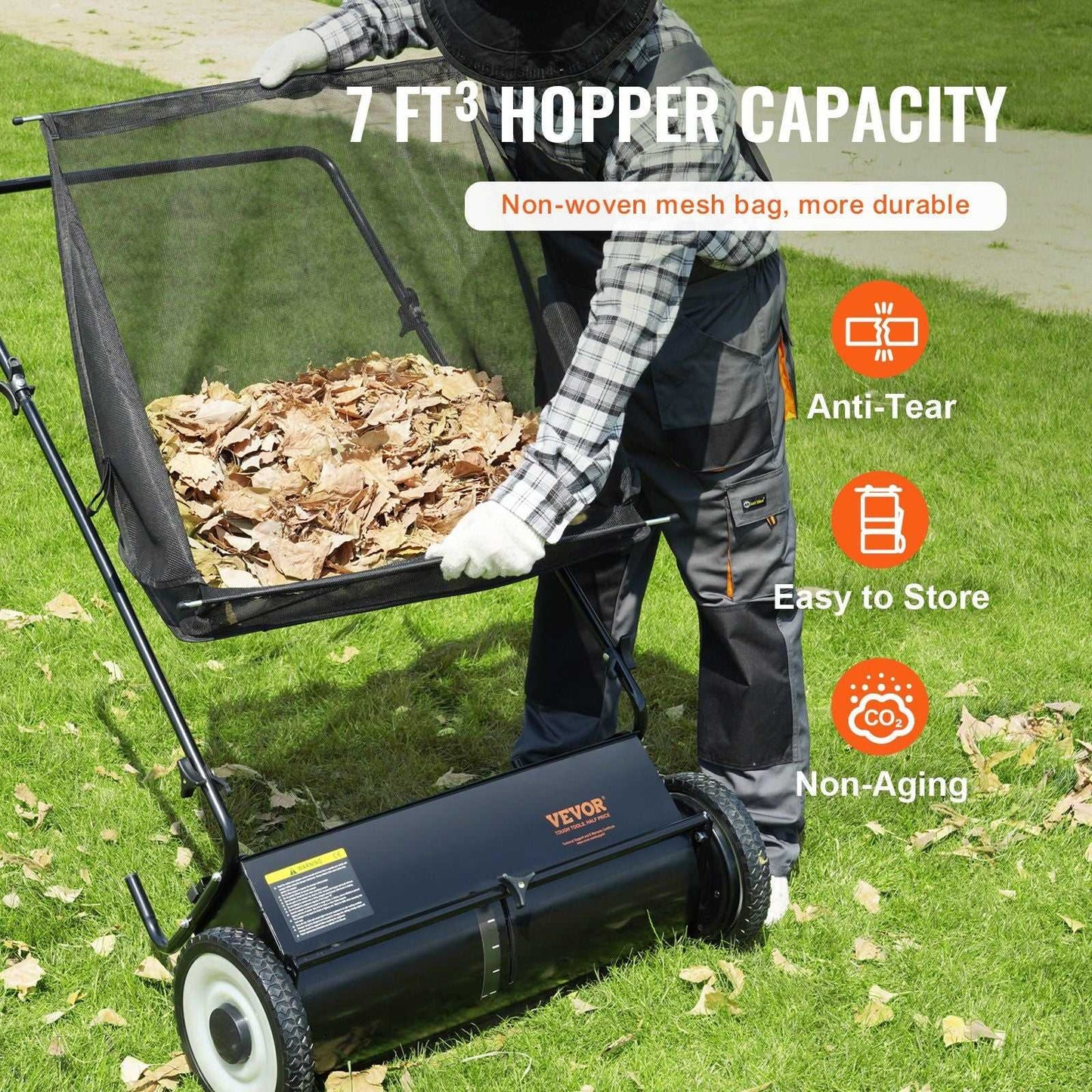 VEVOR Push Lawn Sweeper, 26-inch Leaf & Grass Collector, Strong Rubber Wheels & Heavy Duty Thickened Steel, Durable to Use with Large Capacity 7 cu. ft. Mesh Collection Hopper Bag, 4 Spinning Brushes - luxuryhomedecoridea.com