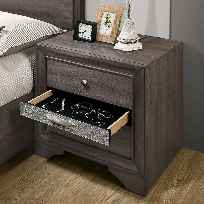 Contemporary 1pc Nightstand Gray Finish Silver Accents Hidden Jewelry Drawer Nickel Round Knob Bedside Table Bedroom Furniture - luxuryhomedecoridea.com
