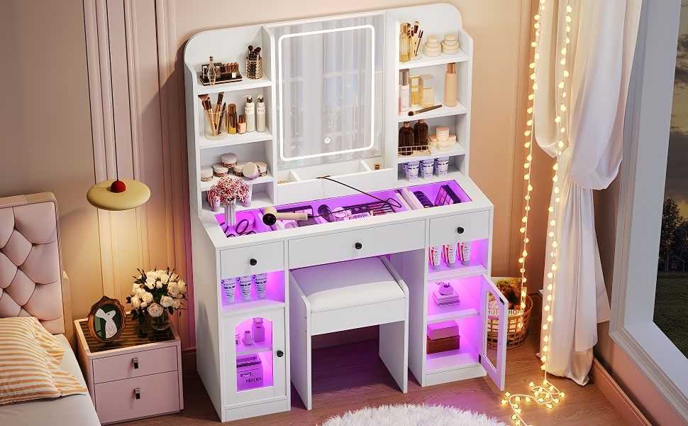 43.2" Vanity Desk with LED Mirror and Lights, Glass Top Vanity with RGB Glass Light Cabinets, Dressing Table with 3 Drawers ,Storage Shelves and Stool for Bedroom - luxuryhomedecoridea.com