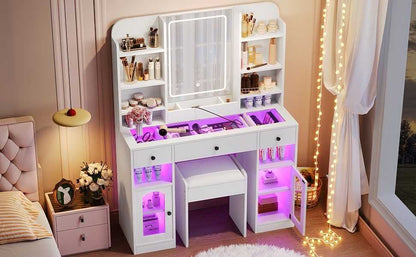 43.2" Vanity Desk with LED Mirror and Lights, Glass Top Vanity with RGB Glass Light Cabinets, Dressing Table with 3 Drawers ,Storage Shelves and Stool for Bedroom - luxuryhomedecoridea.com