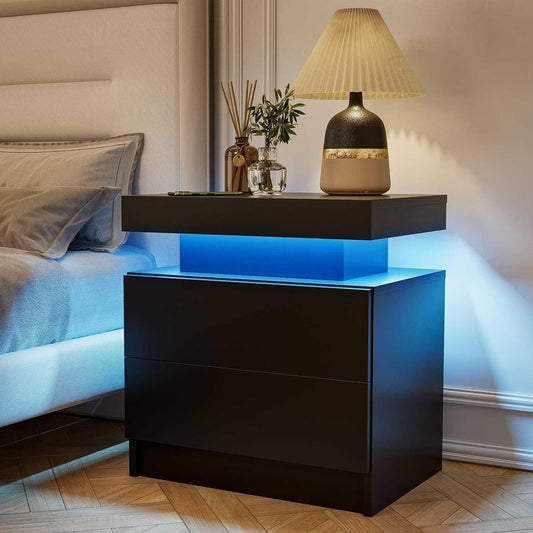 Nightstand LED Bedside Table Cabinet Lights Modern End Side with 2 Drawers for Bedroom (Black) - luxuryhomedecoridea.com