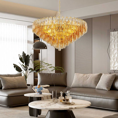 37" Extra Large Chandelier, 14-Light Gold Modern Round Chandelier for Living Room, Tiered Smoke Blown Glass Brass Chandeliers, Hanging Light Fixture for Bedroom, Dining Room, Foyer, Entryway - luxuryhomedecoridea.com