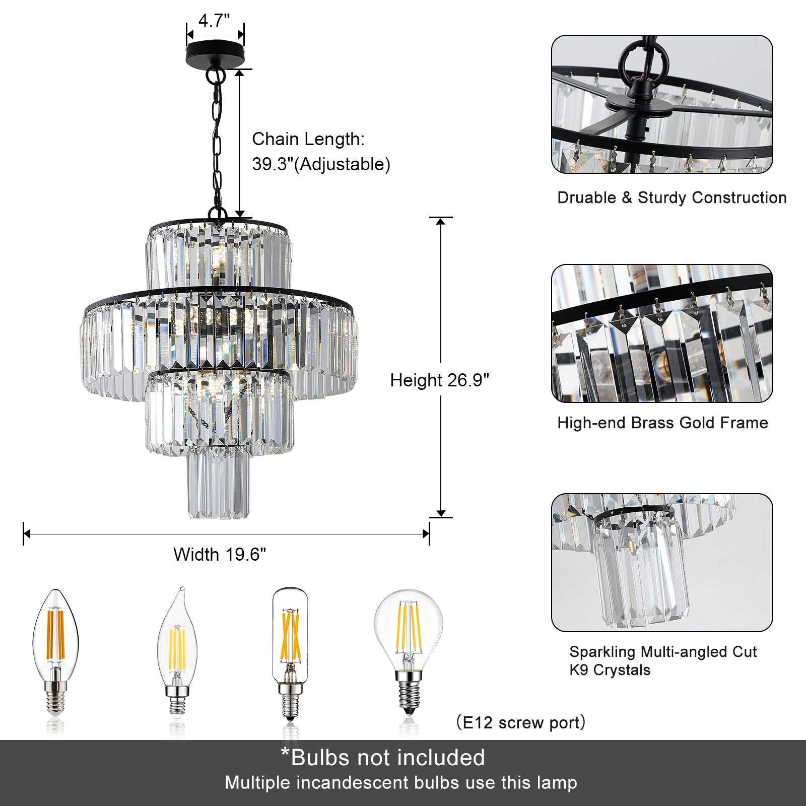 20" Modern Crystal Chandelier with Black Finish, 4-Tier Design for Dining Room or Living Room, Elegant Crystal Pendant Light Fixture (Bulb Not Included) - luxuryhomedecoridea.com