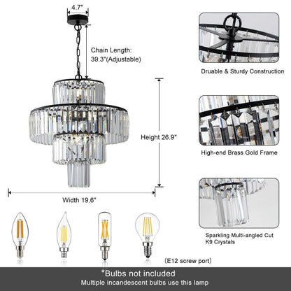 20" Modern Crystal Chandelier with Black Finish, 4-Tier Design for Dining Room or Living Room, Elegant Crystal Pendant Light Fixture (Bulb Not Included) - luxuryhomedecoridea.com